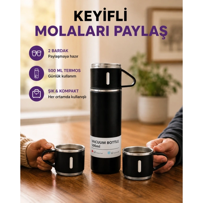 500 Ml Isı Korumalı Çelik Termos Ve Bardak Seti | Silikon Tabanlı, Şık Ve Pratik