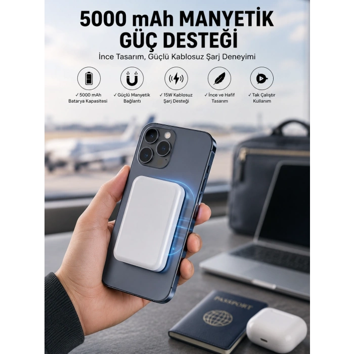 5000 Mah İos Uyumlu Magsafe Kablosuz Şarj Hızlı Şarj Desteği