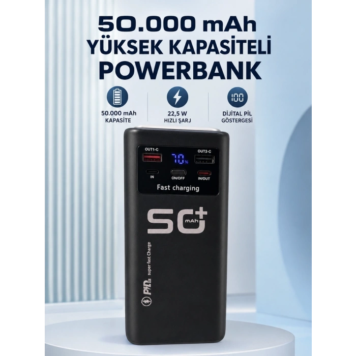 50.000 Mah Taşınabilir Powerbank 22,5 W Hızlı Şarj 4 Dahili Şarj Kablosu Dijital Ekran Led Aydınlatma Ve Taşıma Sapı