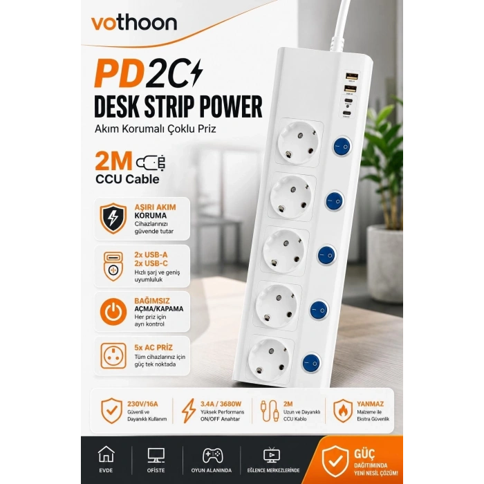 5’li Akım Korumalı Çoklu Priz 2 Metre Kablolu 3680w 16a 5 Anahtarlı 2usb-a 2 Usb-c Pd 20w Hızlı Ftr-28
