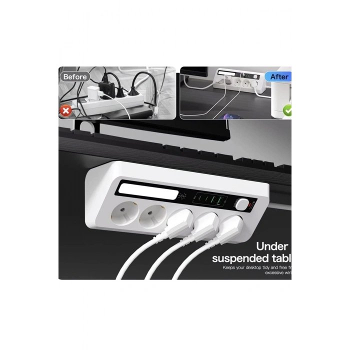 5’li Akım Korumalı Priz 2500w | 2 Usb + 2 Type-c Hızlı Şarj | Led Gece Lambalı | Dokunmatik Beyaz