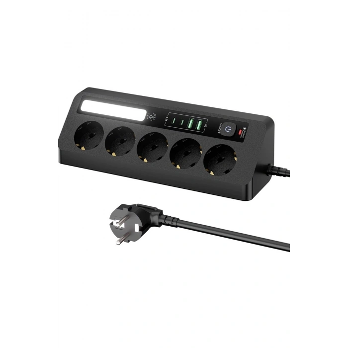 5’li Akım Korumalı Priz 2500w | 2 Usb + 2 Type-c Hızlı Şarj | Led Gece Lambalı | Dokunmatik Siyah