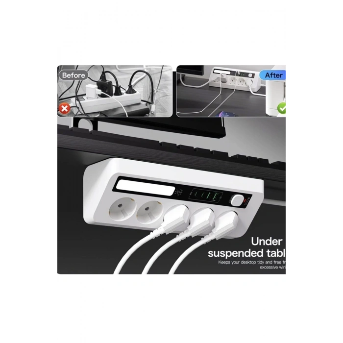 5’li Akım Korumalı Priz 2500w | 2 Usb + 2 Type-c Hızlı Şarj | Led Gece Lambalı | Dokunmatik Siyah