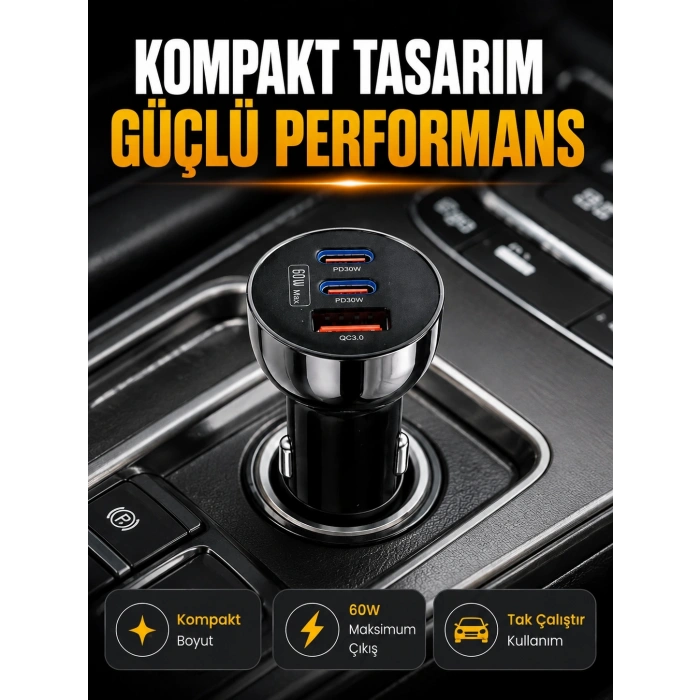 60w Araç İçi Hızlı Şarj Adaptörü Çift Usb-c Pd Ve Usb-a Qc3.0