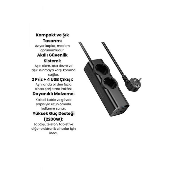 67w Hızlı Şarjlı Akıllı Çoklu Priz – 2000w Güç, 2 Usb-c + 2 Usb-a Çıkışlı, Telefon & Laptop Uyumlu