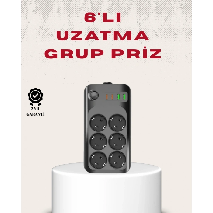 6’lı Grup Priz Termal Korumalı Usb Type-c Çoklu Priz 2 Metre Kablo