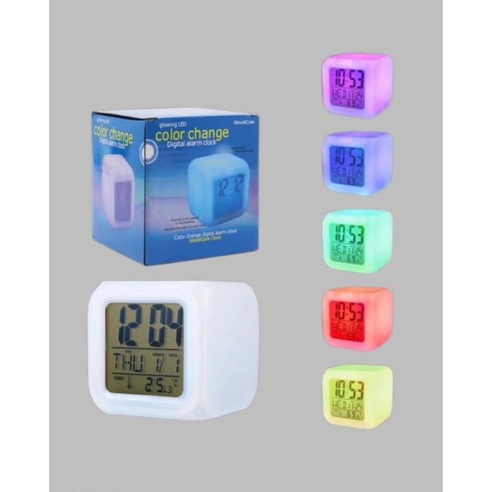 7 Renk Led Işıklı Alarmlı Dijital Küp Masa Saati Termometreli