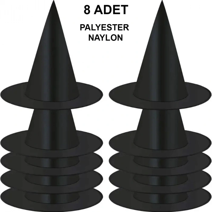 8 Adet Siyah Cadı Şapkası – Yetişkin  Çocuk Kostüm Aksesuarı