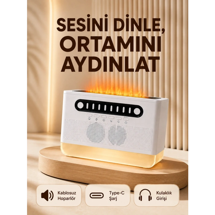 8 Çeşit Beyaz Gürültülü Kablosuz Hoparlör Ve Renkli Alev Efektli Gece Lambası