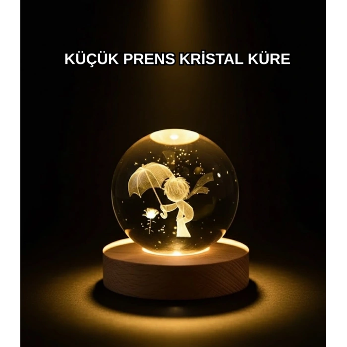 8 Cm Küçük Prens 3d Kristal Küre Usb Işıklı Ahşap Altlıklı Dekoratif Lamba