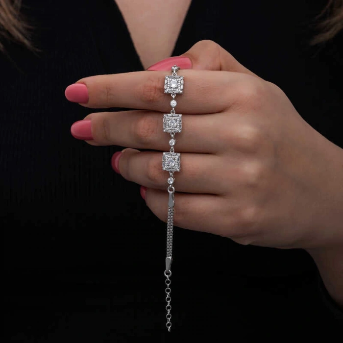 ​925 Ayar Gümüş Baget Taşlı Kadın Bileklik T8563 (599)