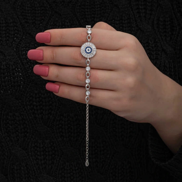 ​925 Ayar Gümüş Baget Taşlı Nazar Kadın Bileklik T8651 (599)
