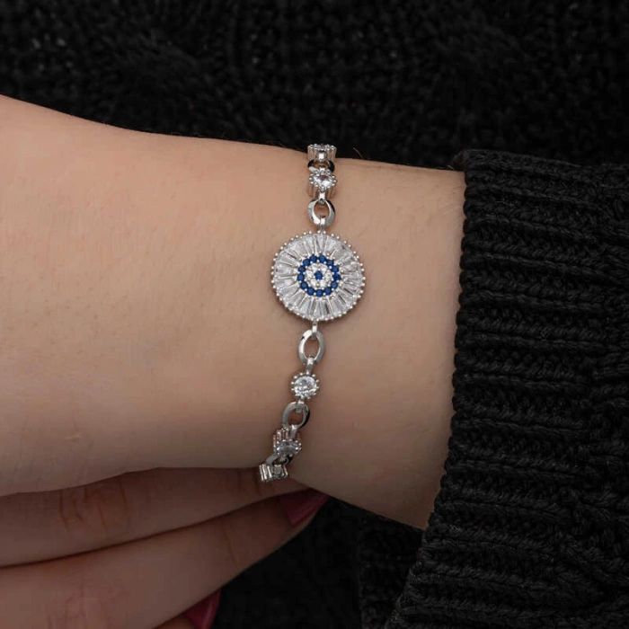 ​925 Ayar Gümüş Baget Taşlı Nazar Kadın Bileklik T8651 (599)