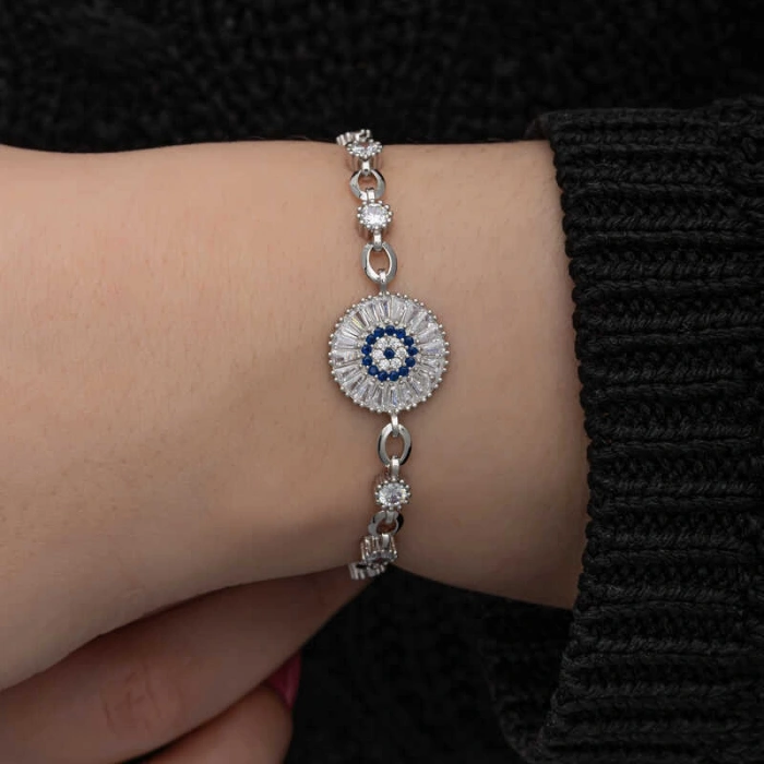 ​925 Ayar Gümüş Baget Taşlı Nazar Kadın Bileklik T8651 (599)