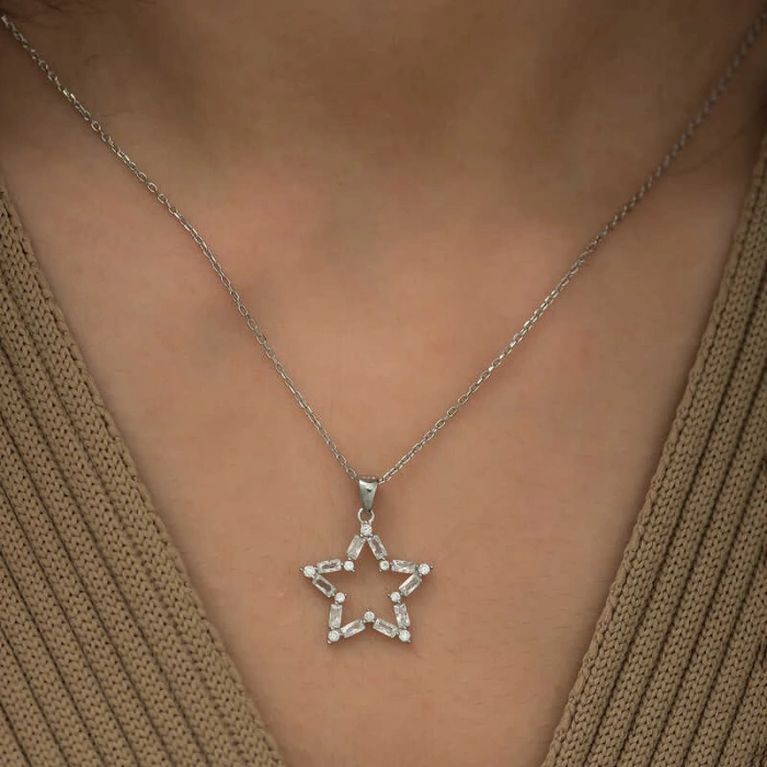 925 Ayar Gümüş Baget Taşlı Yıldız Kolye T5153 (599599)