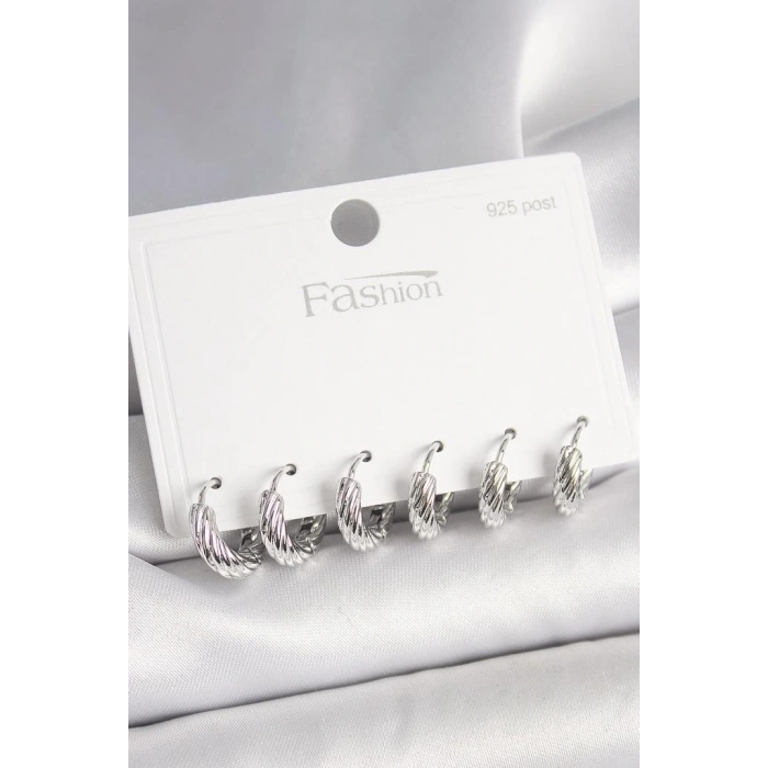 925 Ayar Gümüş Çivi Pirinç Gümüş Renk İşlemeli Halka Model Kadın Küpe Seti - BKP10410 (599599)