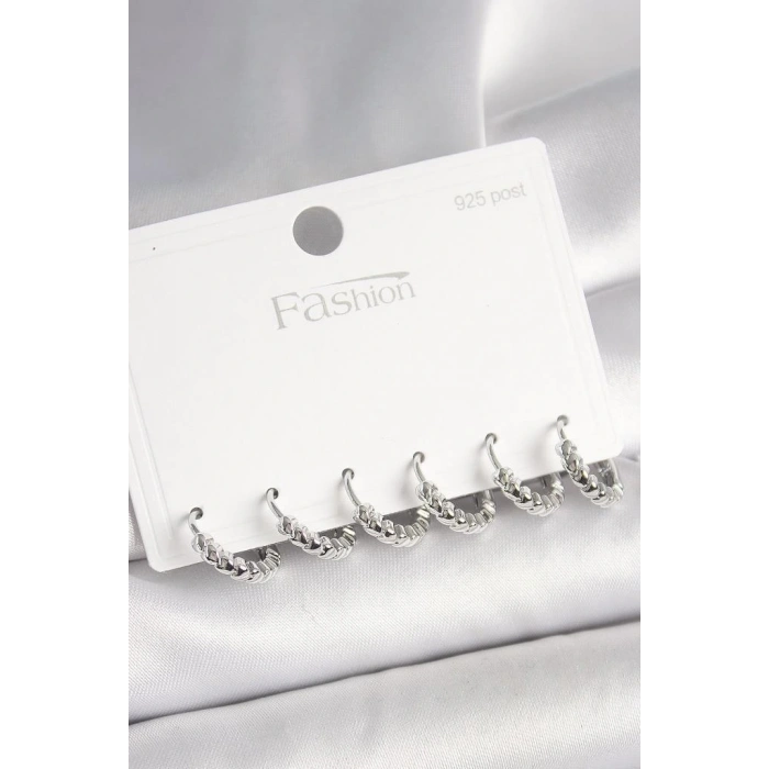 925 Ayar Gümüş Çivi Pirinç Gümüş Renk Kalp İşlemeli Halka Model Kadın Küpe Seti - BKP10412 (599599)