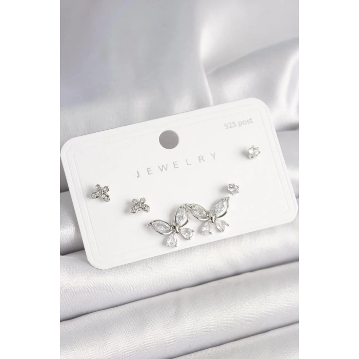 925 Ayar Gümüş Çivi Pirinç Gümüş Renk Zirkon Taşlı Kelebek Model Kadın Küpe Seti - BKP10394 (599599)