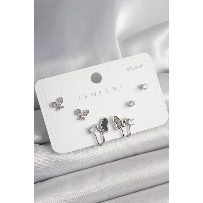 925 Ayar Gümüş Çivi Pirinç Gümüş Renk Zirkon Taşlı Kelebek Model Kadın Küpe Seti - BKP10404 (599599)