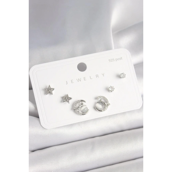 925 Ayar Gümüş Çivi Zirkon Taşlı Hilal Yıldız Model Kadın Küpe Seti - BKP10398 (599599)