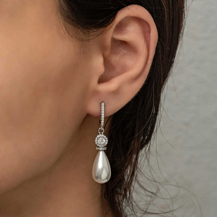 925 Ayar Gümüş Damla İnci Kadın Küpe T8618 (599599)