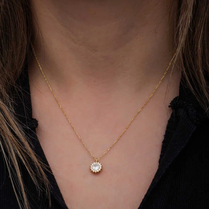 925 Ayar Gümüş Gold Minimal Yuvarlak Anturaj Kadın Kolye T8572 (599)