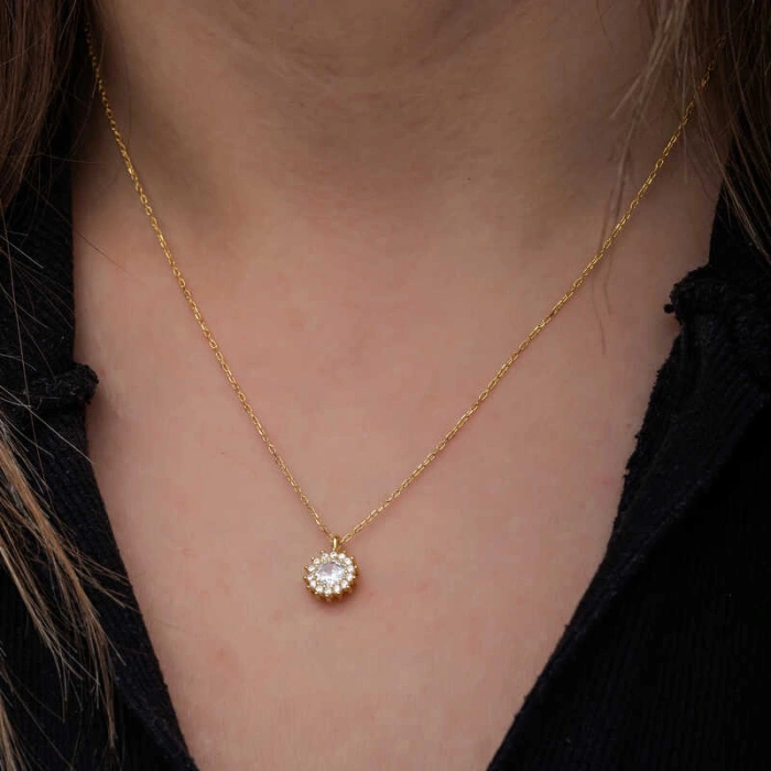925 Ayar Gümüş Gold Minimal Yuvarlak Anturaj Kadın Kolye T8572 (599)