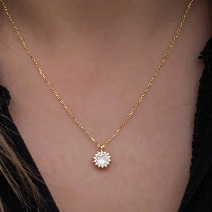 925 Ayar Gümüş Gold Minimal Yuvarlak Anturaj Kadın Kolye T8572 (599)