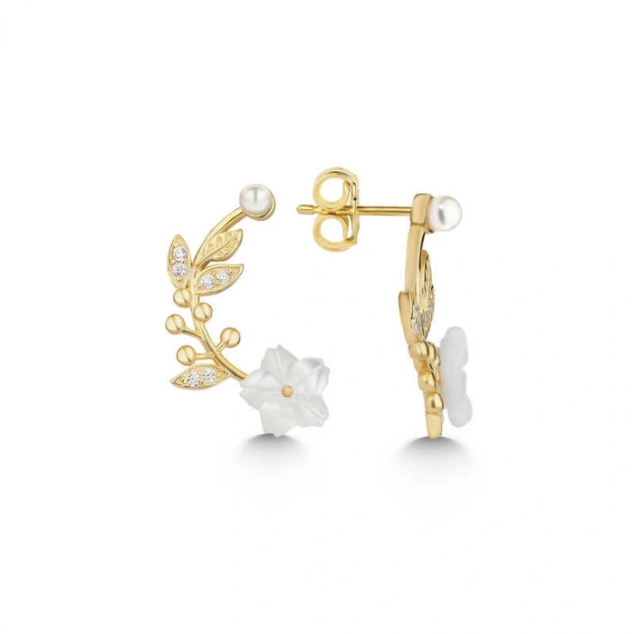 925 Ayar Gümüş Gold Sedef Çiçek Çivili Kadın Küpe T7548 (599599)