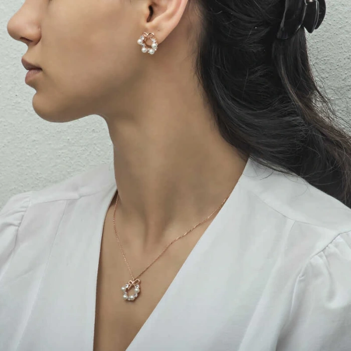 925 Ayar Gümüş İnci Kurdele Kadın Set T6463 (599599)