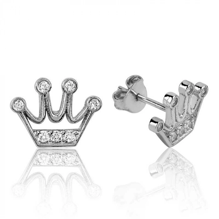 925 Ayar Gümüş Kraliçe Tacı Çivili Küpe Ea1160109 (599)