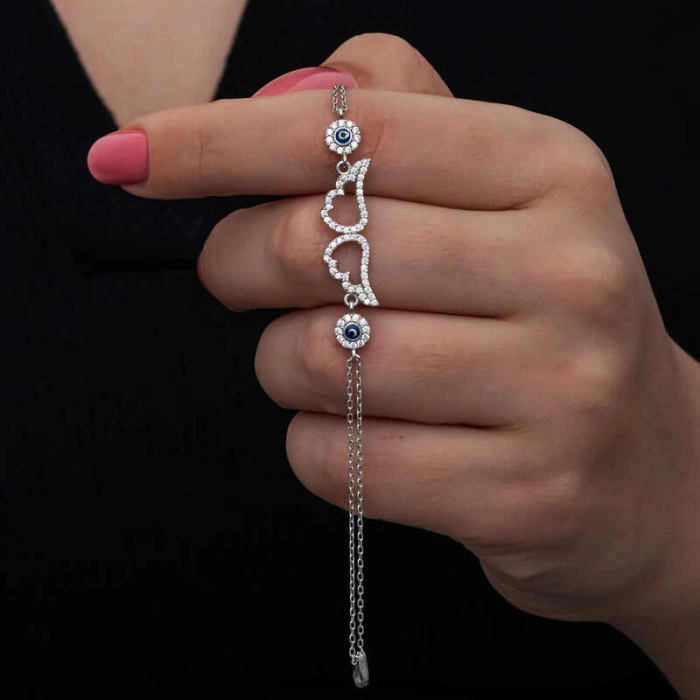 925 Ayar Gümüş Nazarlı Melek Kanadı Kadın Bileklik T8557 (599)