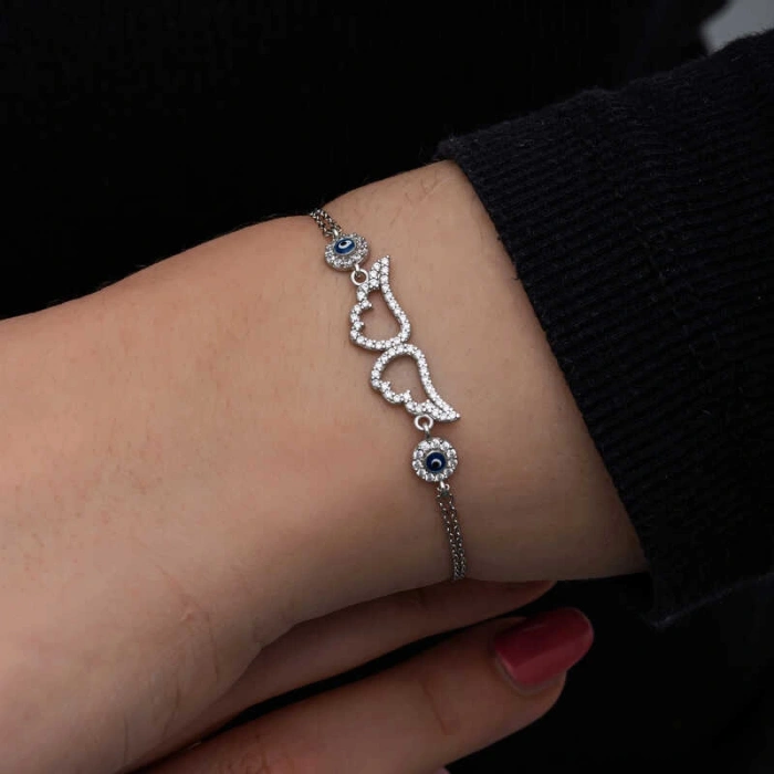 925 Ayar Gümüş Nazarlı Melek Kanadı Kadın Bileklik T8557 (599)