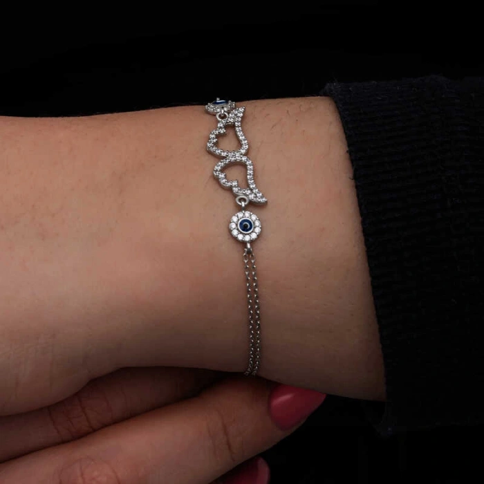 925 Ayar Gümüş Nazarlı Melek Kanadı Kadın Bileklik T8557 (599)