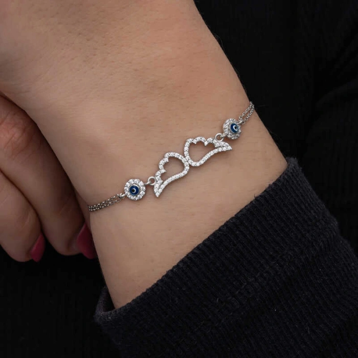 925 Ayar Gümüş Nazarlı Melek Kanadı Kadın Bileklik T8557 (599)