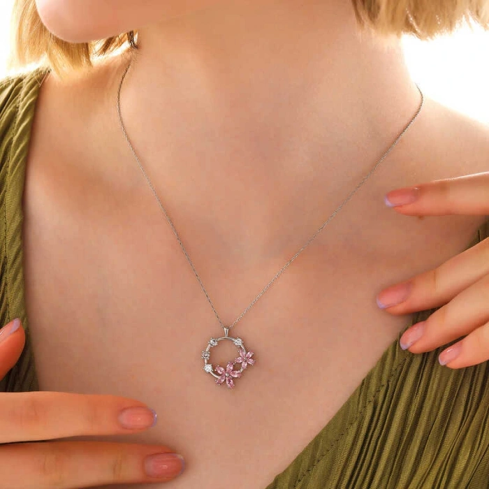 925 Ayar Gümüş Pembe Çiçek Kadın Kolye T7984 (599599)