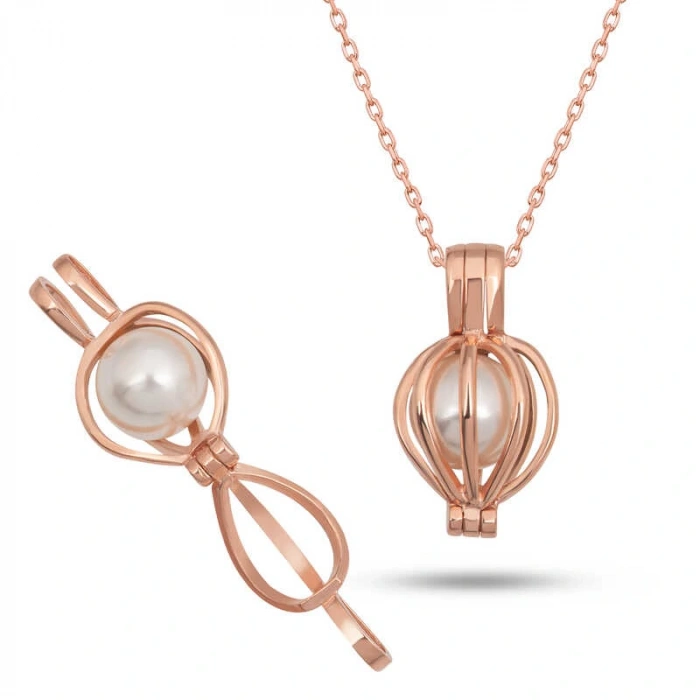 925 Ayar Gümüş Rose Beyaz İncili Kadın Kolye T7464 (599599)