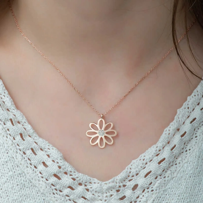 925 Ayar Gümüş Rose Çiçek Bayan Gümüş Kolye T5115 (599599)