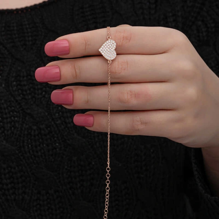 925 Ayar Gümüş Rose Kalp Kadın Bileklik T8699 (599)