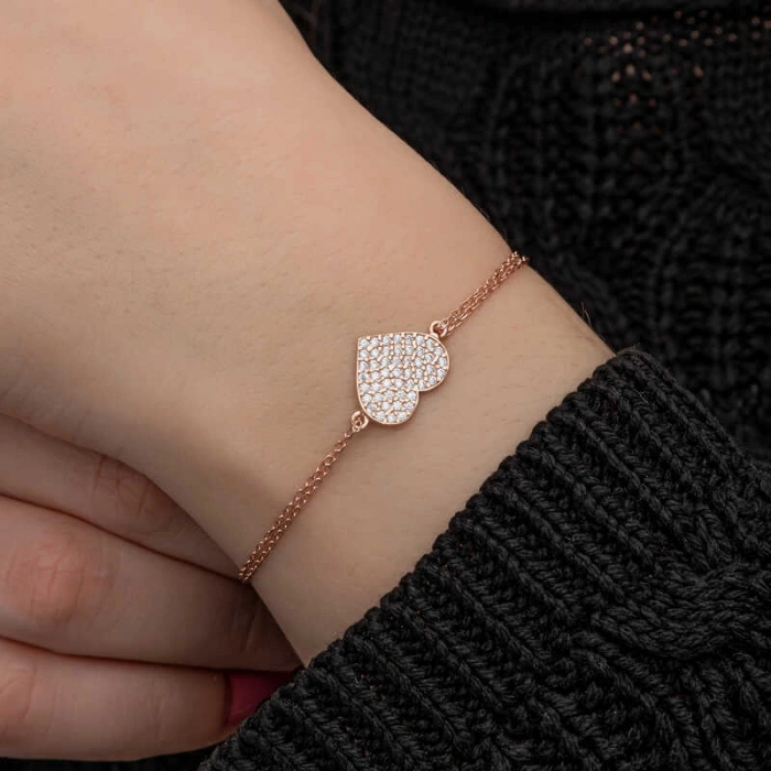 925 Ayar Gümüş Rose Kalp Kadın Bileklik T8699 (599)