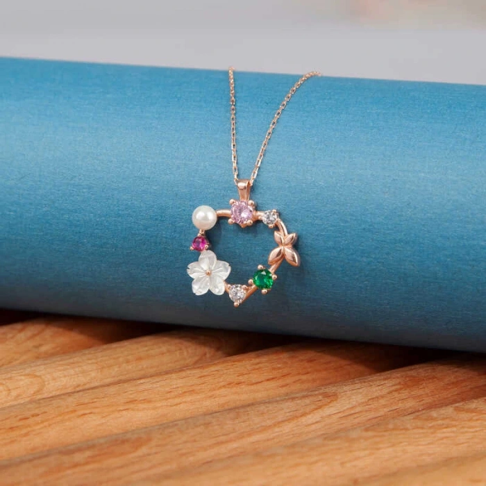 925 Ayar Gümüş Rose Kalp Manolya Çiçeği Kelebek Kadın Kolye T7450 (599599)