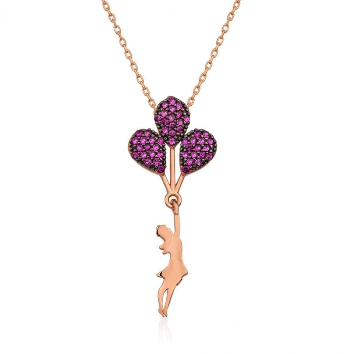 925 Ayar Gümüş Rose Kırmızı Balonlu Kız Kolye T5087 (599599)