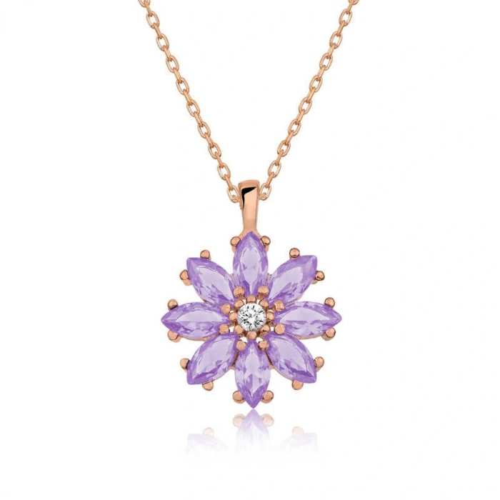925 Ayar Gümüş Rose Lila Çiçek Kadın Gümüş Kolye T5104 (599599)