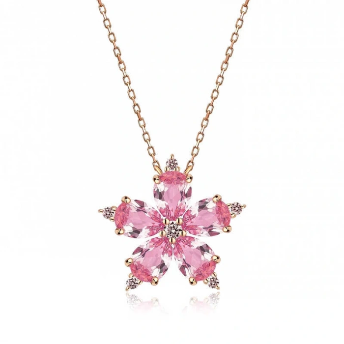 925 Ayar Gümüş Rose Pembe Kamelya Çiçeği Kolye T5180 (599599)