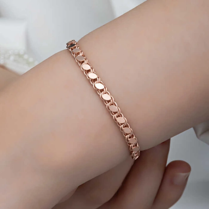 925 Ayar Gümüş Rose Pullu Zincir Kadın Bileklik T8277 (599)