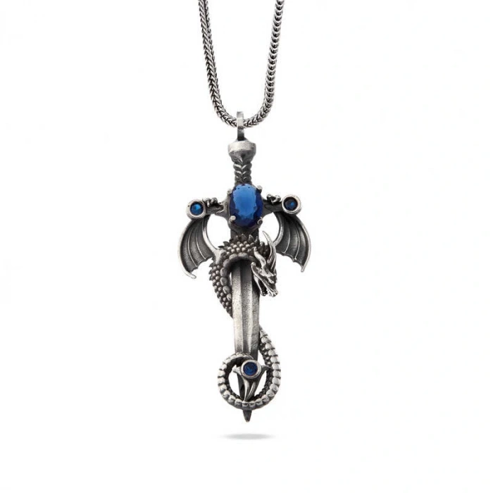 925 Ayar Gümüş Safir Taşlı Ejderha Erkek Kılıç Kolye T7491 (599599)