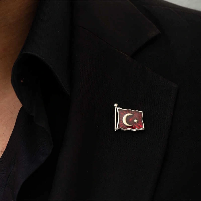 925 Ayar Gümüş Türk Bayrağı Rozet T4460 (599)