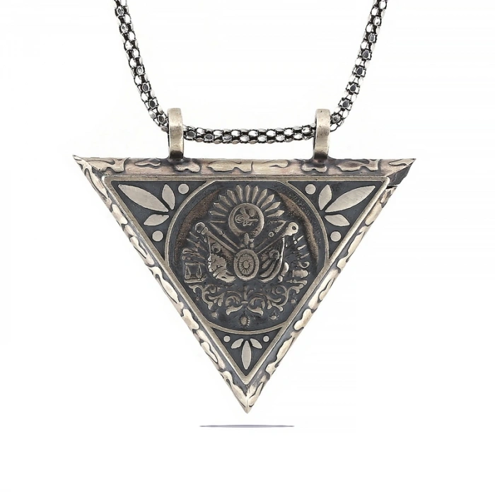 925 Ayar Gümüş Üçgen İçi Açılabilen Osmanlı Arma Muskalık Gümüş Kolye T6013 (599)