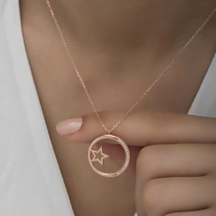 925 Ayar Gümüş Yıldız Detaylı Halka Kadın Gümüş Kolye T6592 (599)