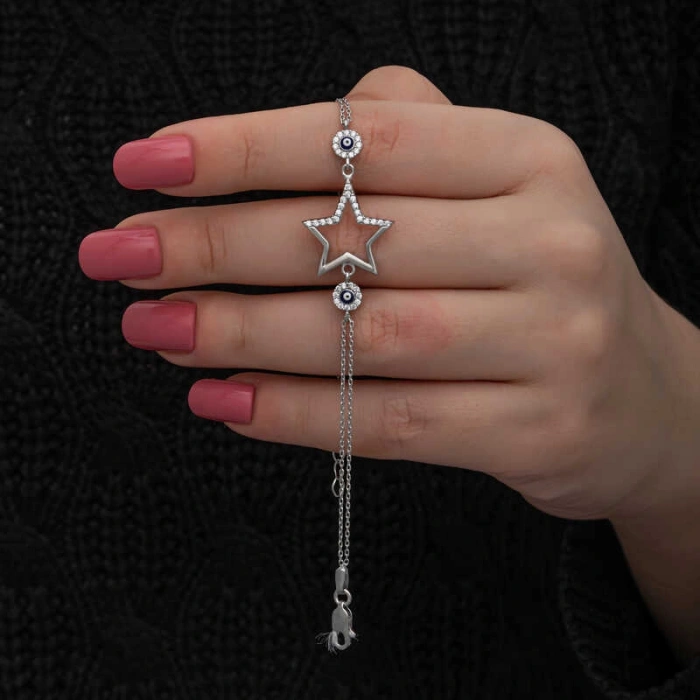 925 Ayar Gümüş Yıldız Nazarlı Kadın Bileklik T8652 (599)